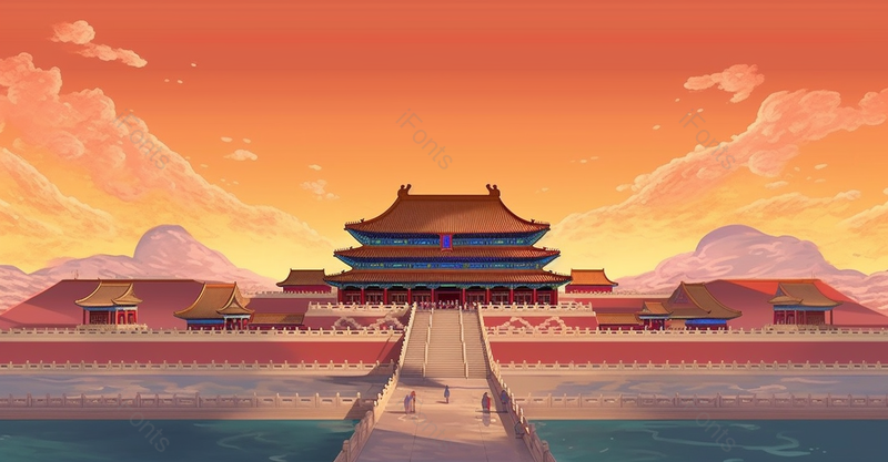 庄严宏伟橙色渐变大气国潮风插画故宫远山祥云,插画/手绘图,插画/手绘图库,插画/手绘图下载,插画/手绘